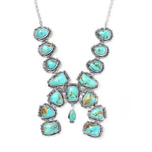 Royston Turquoise Squash Blossom Necklace 18 Inches in Sterling Silver 925 Sterling Silver necklace, Statement Jewelry for her,