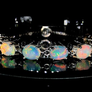 Handgefertigtes Opal Armband: 925 Sterling Silber, natürlicher Feueropal (10 x 8 mm)