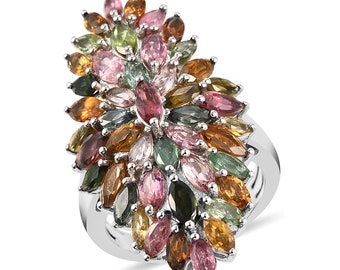 Großer Multi-Turmalin-Ring: Handgefertigter 925er Sterlingsilber mit Marquise-Edelstein
