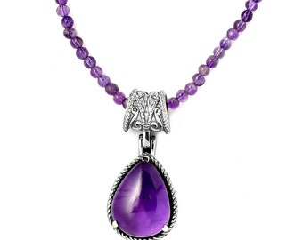 Handgefertigter tropfenförmiger Amethyst-Anhänger: 925 Sterlingsilber, 46 cm lange Kette