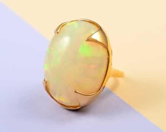 10K Yellow Gold Ethiopian Welo Opal Solitaire Ring with Free 14K Gold Studs