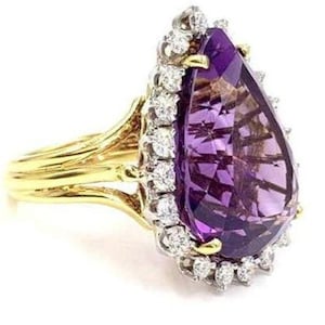 Teardrop Amethyst & Diamond Halo Ring: 14K Yellow Gold