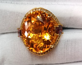 Handgemaakte 18k gouden ring met madeiracitrien, toermalijn en diamant