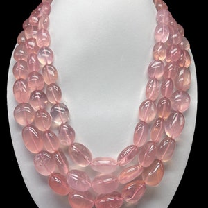 Natural Rose quartz Necklace three Lines pink rose quartz Beads Necklace, Adjustable oval Beads Necklace, plain Beads Necklace, Gift For Her