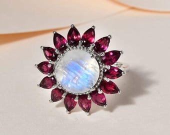 Rainbow Moonstone Granatring: Sterling Silver Boho Tribal Smycken