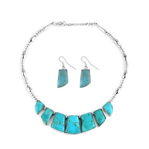 SANTA FE Style Turquoise Drop Earrings and Statement Necklace 16-18 Inches in Sterling Silver