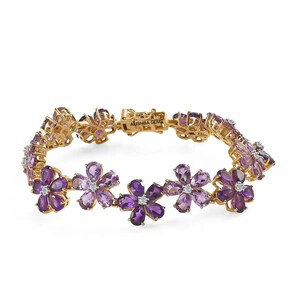 Amethyst Floral Bracelet: White Zircon, Yellow Gold Plated Sterling Silver