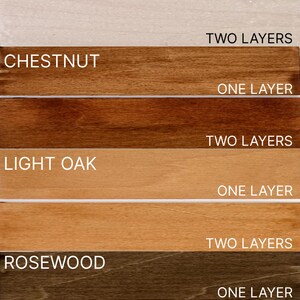 May include: A comparison of wood stain colours in one and two layers. The colours are white, chestnut, light oak, and rosewood.