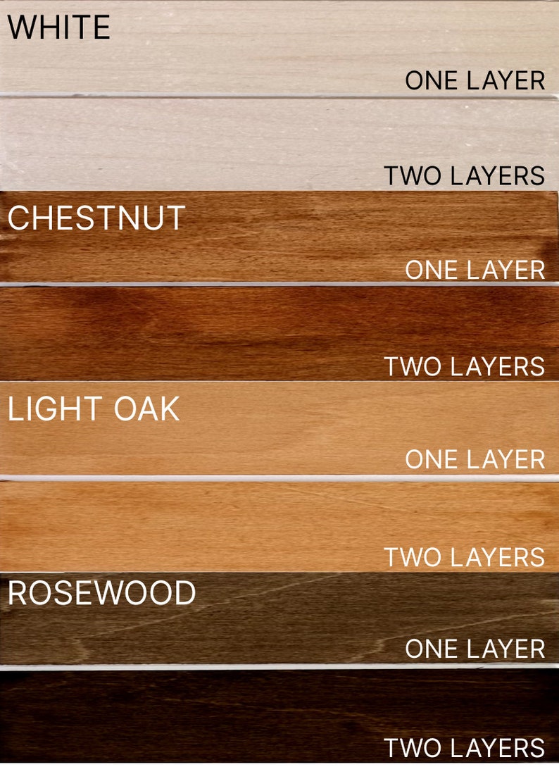 May include: A comparison of wood stain colours in one and two layers. The colours are white, chestnut, light oak, and rosewood.