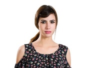 Indian Textile Arts Black Floral Printed Cold Shoulder Stylish Top For Women, Girls Wear Casual Top