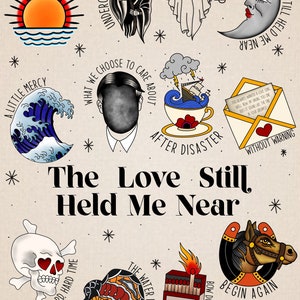 May include: A collection of 10 colourful tattoo flash designs. The designs include a skull with hearts for eyes, a snake, a matchbook, a horse, a wave, a ghost, a grim reaper, a sun, a moon, and a teacup with a ship in a storm.