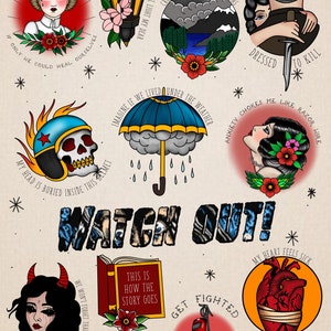 Könnte beinhalten: Eine Sammlung von neun bunten Tattoo-Flash-Designs. Die Designs beinhalten einen Schädel mit Helm, ein Herz mit Bandagen, ein Buch mit dem Text "This is how the story goes", eine Krankenschwester mit einem roten Kreuz, eine Frau mit einem Messer, eine Lampe, eine Frau mit Blumen im Haar, einen Boxhandschuh und einen Regenschirm.