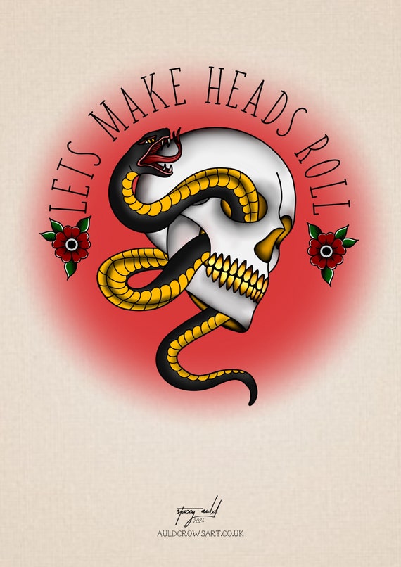 Neo Traditional Skull And Snake Tattoo