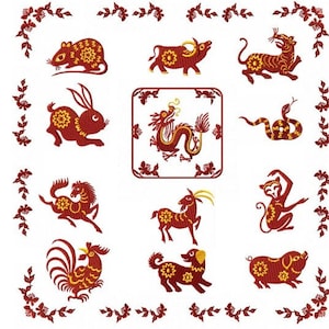 Può includere: Immagini ricamate degli animali dello zodiaco cinese: topo, bue, tigre, coniglio, drago, serpente, cavallo, capra, scimmia, gallo, cane e maiale. Ogni animale è marrone-rossastro con dettagli dorati, circondato da un bordo floreale.