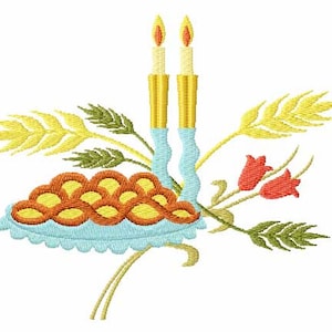 May include: An embroidered image of a challah bread, two lit candles, wheat stalks, and red flowers. The challah is blue and yellow, the candles are yellow, the wheat stalks are yellow, and the flowers are red.