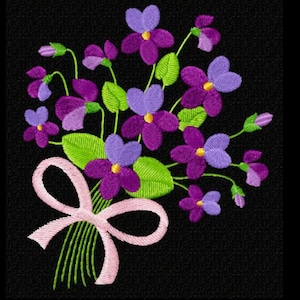 May include: A bouquet of purple and light purple flowers with green leaves tied together with a pink ribbon.