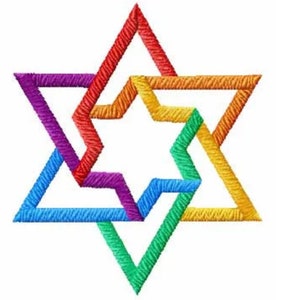 May include: A colorful six-pointed star, also known as a Star of David, with overlapping lines in red, orange, yellow, green, blue, and purple.