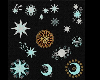 Space - Stars, Moon and Sun  Machine Embroidery Designs set Pes, Hus, Jef, Dst, Exp, Jef, Vip, Vp3, Xxx, Sew, Shv, Art