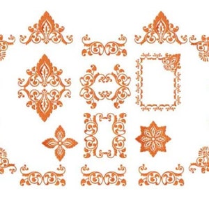 Könnte beinhalten: Eine Sammlung orangefarbener Zierelemente, darunter Eckstücke, Rahmen und Blumenmotive. Die Designs weisen aufwendige Schnörkel und symmetrische Muster auf, die sich für verschiedene dekorative Anwendungen eignen.
