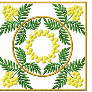 Mimosa Flowers Square Quilt Block Ornament Machine embroidery design Pes, Hus, Jef, Dst, Exp, Jef, Vip, Vp3, Xxx, Sew, Shv, Art