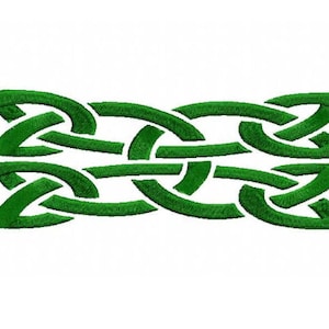 Könnte beinhalten: Ein grünes keltisches Knotendesign mit komplizierten, ineinander verschlungenen Schleifen und Kurven.