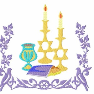 May include: A purple floral design with two birds on either side frames a blue chalice, a purple and yellow book, and two yellow candlesticks with yellow candles.