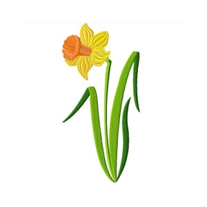 May include: A single yellow daffodil with an orange center and green leaves.