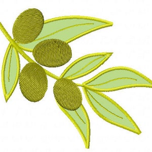 May include: A green olive branch with four olives and several leaves.