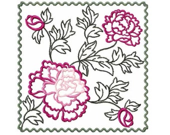 Chinese Peony Square Quilt Block Machine Embroidery Design Pes, Hus, Jef, Dst, Exp, Jef, Vip, Vp3, Xxx, Sew, Art