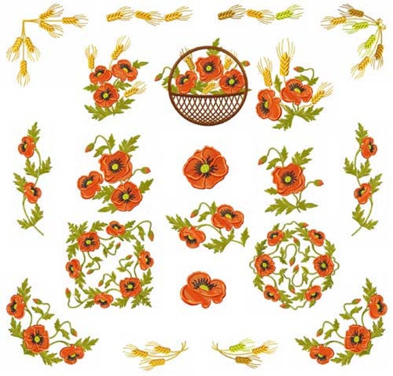 Poppies and Wheat 18 Embroidery Designs 5x5 Pes, Hus, Jef