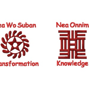 以下が含まれることがあります： 赤いシンボルが2つ、下にテキストがあります。左側のシンボルは、放射状の線のある円の中に赤い星があります。下のテキストは「Sea Wo Suban Transformation」です。右側のシンボルは、グリッドパターンを形成する線のある赤い正方形です。下のテキストは「Nea Onnim Knowledge」です。