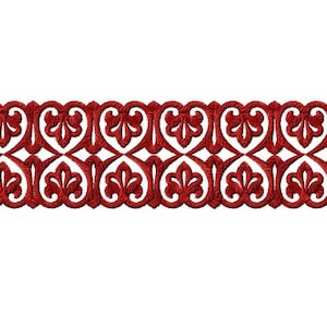 May include: Red embroidered trim with a repeating pattern of stylized leaves and hearts.