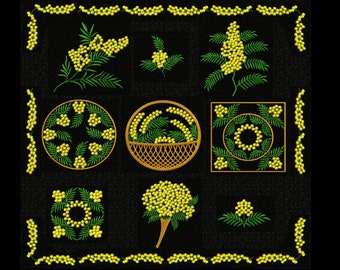Mimosa Flowers Ornaments 11 Machine embroidery designs set Pes, Hus, Jef, Dst, Exp, Jef, Vip, Vp3, Xxx, Sew, Shv, Art