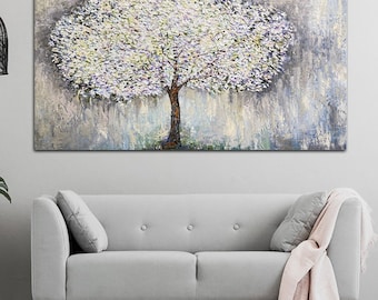 Large Snowy Tree Painting on Canvas: Abstract Impasto Art