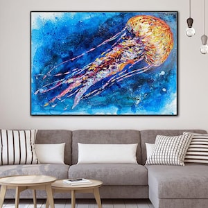 Blau Orange abstraktes Quallen Gemälde: Große strukturierte nautische Küstenwandkunst