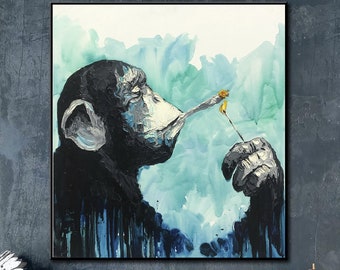 Oversize Framed Wall Art Pop Art Painting Monkey Paintings On Canvas Smoke Monkeys Blue Painting Modern Art Canvas Painting For Living Room