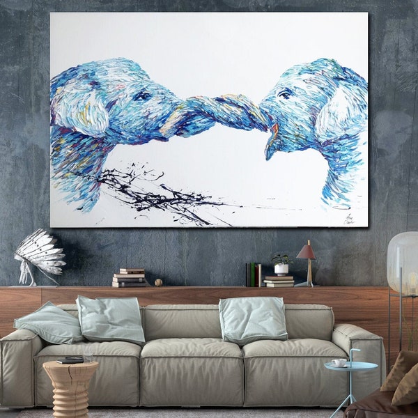 Dipinti ad olio extra large con elefante su tela, coppia di elefanti, arte moderna da parete, opere d'arte originali incorniciate, arte astratta dell'elefante