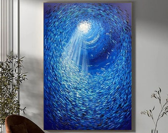 Abstrakte Malerei Fisch auf Leinwand Original Marine Kunstwerk Blaue strukturierte Wandkunst für Bürodekor FISCH WHIRLPOOL