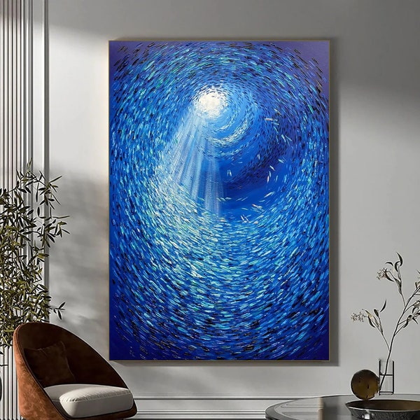 Abstract Fish Painting On Canvas Original Marine Artwork Blue Textured Wall Art for Office Decor FISH WHIRLPOOL