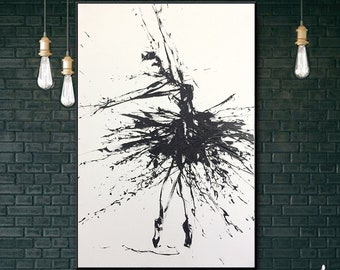 Dipinti originali astratti di ballerina in bianco e nero su tela, pittura a olio, ballerina astratta, arte moderna, decorazione da parete per soggiorno