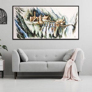 Extra large abstract castle forest mountain painting, landscape wall art