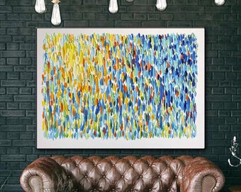 Pintura abstracta azul y amarilla: arte mural con textura colorida