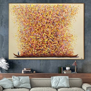 Abstract Impasto Boat Painting – Large Autumn Leaves Textured Wall Art