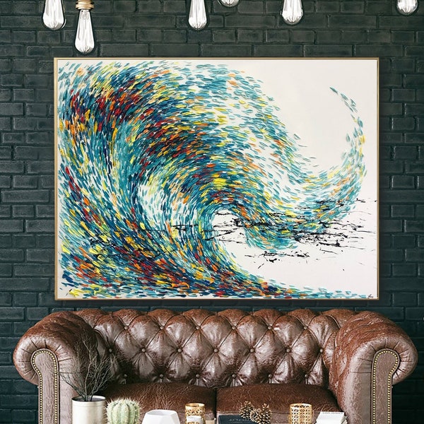 Large Abstract Painting Canvas Colorful Wave Painting Blue Wall Art Original Oil Painting Thick Textured Impasto Artwork for Home Decor