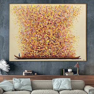 Abstract Impasto Boat Painting – Large Autumn Leaves Textured Wall Art