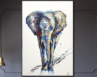 Dipinti astratti originali di elefanti su tela Pittura di animali selvatici Natura Arte della parete Opera d'arte moderna strutturata per la decorazione della parete del soggiorno