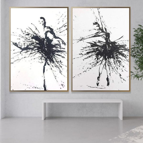 Large Abstract Ballerinas Wall Art Canvas Black and White Wall Art Impasto Oil Painting Diptych Wall Art Ballet Dancer Art Painting