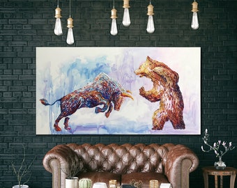 Pintura al óleo extra grande, lienzo grande, arte de toro VS oso, pintura de Wall Street Bull, bolsa de valores, arte de pared, arte de inversor para decoración de oficina