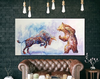 Original Abstract Bull And Bear Paintings On Canvas Colorful Artwork Stock Market Wall Art Original Business Art for Living Room Wall Decor