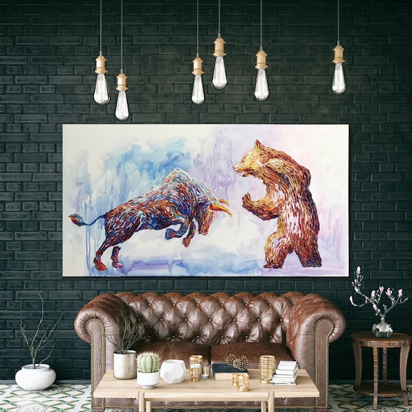 Extra Großes Ölgemälde Große Leinwand Kunst Bull VS Bär Gemälde Wall Street Bull Stock Börse Börse Kunst Investor Kunst für Büro Dekor